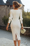 Midi Ivory V-Neck Bodycon Engagement Dress with Sleeves