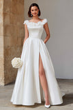 Ivory Satin Princess Boat Neck Ruffled Wedding Dress with Slit