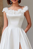 Ivory Satin Princess Boat Neck Ruffled Wedding Dress with Slit