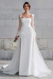 Ivory Square Neck Sweep Train Wedding Dress with Appliques
