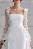 Ivory Square Neck Sweep Train Wedding Dress with Appliques