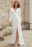 Ivory A-Line Maxi V-Neck Long Sleeves Engagement Dress with Slit