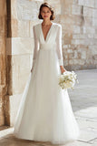 Ivory Tulle High Waist A-Line Floor Length Wedding Dress with Sleeves