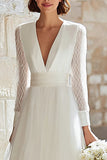 Ivory Tulle High Waist A-Line Floor Length Wedding Dress with Sleeves