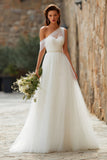 Modern Ivory One Shoulder Tulle A Line Floor Length Wedding Dress