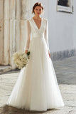 A Line Ivory Tulle V Neck Floor Length Wedding Dress with Sleeves