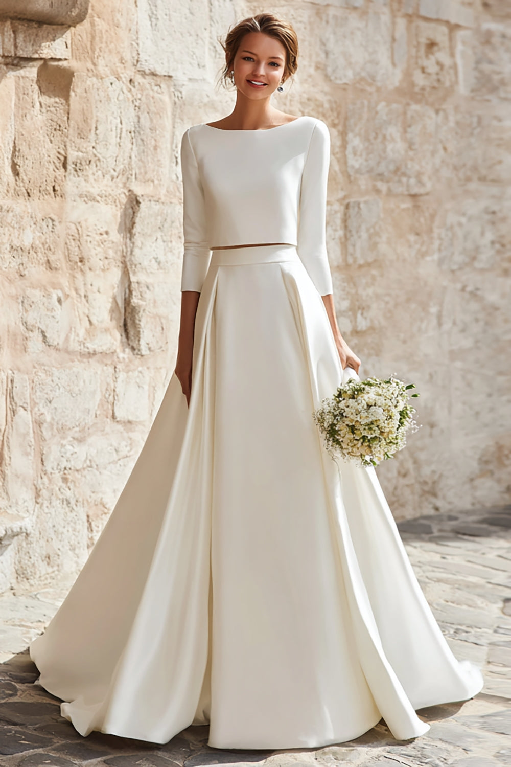Leely Women 2 Piece Ivory Long Wedding Dress with Sleeves Satin A Line