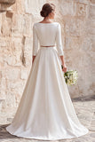 2 Piece Ivory Satin A-Line Boat Neck Long Wedding Dress with Sleeves