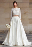 Ivory Satin 2 Piece Long Sleeves A Line Wedding Dress with Lace