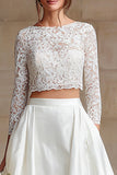 Ivory Satin 2 Piece Long Sleeves A Line Wedding Dress with Lace