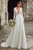 Satin V-Neck Long Sleeves A-Line Ivory Sweep Train Wedding Dress with Lace