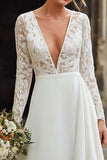 Satin V-Neck Long Sleeves A-Line Ivory Sweep Train Wedding Dress with Lace