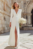 Ivory V-Neck Long Sleeves Sheath Wedding Dress with Slit