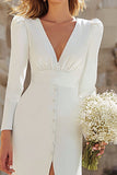 Ivory V-Neck Long Sleeves Sheath Wedding Dress with Slit