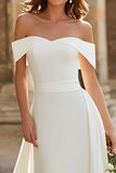 Ivory Off the Shoulder Sheath Wedding Dress with Cape