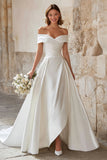 Ivory A Line Off the Shoulder Satin Sweep Train Wedding Dress