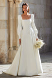 Simple Ivory Square Neck A-Line Sweep Train Wedding Dress with Sleeves