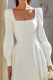 Simple Ivory Square Neck A-Line Sweep Train Wedding Dress with Sleeves
