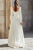 Simple Ivory Square Neck A-Line Sweep Train Wedding Dress with Sleeves
