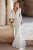 Ivory V-Neck Sweep Train Mermaid Wedding Dress with Sleeves