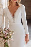 Ivory V-Neck Sweep Train Mermaid Wedding Dress with Sleeves