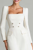 Ivory Square Neck Midi A Line Work Dress with Sleeves