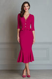 Fuchsia Mermaid V-Neck Ruffled Midi Work Dress with Sleeves