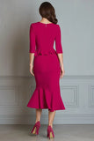 Fuchsia Mermaid V-Neck Ruffled Midi Work Dress with Sleeves