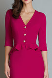 Fuchsia Mermaid V-Neck Ruffled Midi Work Dress with Sleeves