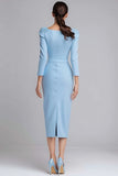 Simple Light Blue Boat Neck Pencil Midi Work Dress with Sleeves