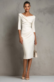 Simple Ivory Ruched Pencil Midi Work Dress with Slit