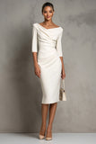 Simple Ivory Ruched Pencil Midi Work Dress with Slit