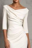 Simple Ivory Ruched Pencil Midi Work Dress with Slit