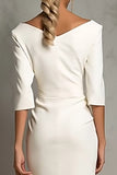 Simple Ivory Ruched Pencil Midi Work Dress with Slit