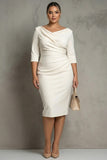 Simple Ivory Ruched Pencil Midi Work Dress with Slit