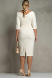 Simple Ivory Ruched Pencil Midi Work Dress with Slit