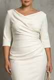 Simple Ivory Ruched Pencil Midi Work Dress with Slit