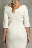 Simple Ivory Ruched Pencil Midi Work Dress with Slit