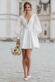 Ivory Satin A Line Lantern Sleeves Short Wedding Dress with Lace
