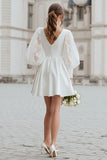 Ivory Satin A Line Lantern Sleeves Short Wedding Dress with Lace
