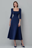 Navy A Line Satin Square Neck Long Work Dress with Sleeves