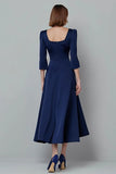 Navy A Line Satin Square Neck Long Work Dress with Sleeves