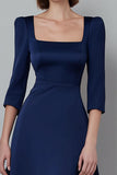 Navy A Line Satin Square Neck Long Work Dress with Sleeves