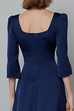 Navy A Line Satin Square Neck Long Work Dress with Sleeves