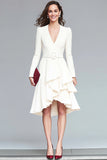 Ivory High Low V-Neck A Line Ruffled Work Dress with Belts
