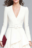 Ivory High Low V-Neck A Line Ruffled Work Dress with Belts