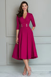 Fuchsia V-Neck A Line Midi Work Dress with Pockets