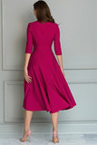 Fuchsia V-Neck A Line Midi Work Dress with Pockets