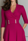 Fuchsia V-Neck A Line Midi Work Dress with Pockets