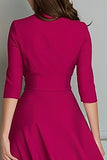 Fuchsia V-Neck A Line Midi Work Dress with Pockets